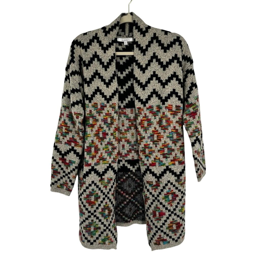 Dreamers by Debut Open Front Cardigan Black Beige Chevron Aztec Women’s S/M